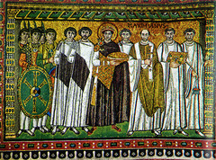 Justinian and Attendants, c.547, mosaic,Byzantine Art