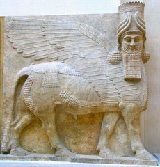 Lamassu (pronounced Llama-sue)
c. 700 BCE
Culture: Assyrian
5 legs: when seen from front seems to be standing at attention; when seen from side it looks like its walking. Meant to ward of enemies both visible and invisible.