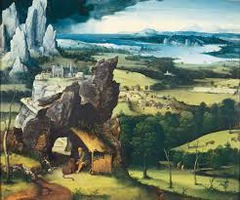 *Landscape with Saint Jerome*
*Joachim Patinir*
1520-1524
Oil on panel
16th Century Dutch

Good landscape painter. St. Jerome removing thorn. Crucifix and skull. Bluer background, warmer colors in foreground.