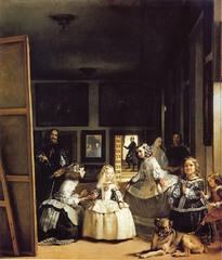 Las Meninas

Diego Velazquez, 1656, Oil on Canvas

Group portrait of artist in his studio as his painting a member of the royal family 
Steps back from his canvas and looks at the viewer, acknowledging your presence and showing you his mastery 
Velazquez wears a cross from the Royal order of Santiago, elevating him to knighthood
Infanta Margharita of Spain is central with her Meninas or servants, along with her dog, a dwarf, and a midget
Behind are two people in half shadow who serve as chaperones
In back hallway is Jose Nieto head of the Queens tapestry works 
King and Queen present in the mirror but it is unsure where they are, possibly the canvas, in front of the figures, reflecting a painting on the wall?
Alternating darks and lights draw the eye deeper into the canvas
Painting originally hung in Phillip IV's sutyd
