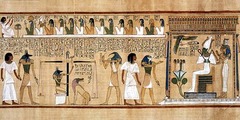 Last Judgement of Hu-Nefer, page from Book of the Dead

New Kingdom 1275 B.C.E. 
Painted papyrus scroll

Hu nefer was a scribe with a priestly status
Goes through a process deciding whether or not he lived a ethical life and if he should continue to the afterlife
Anubis holding an Ankh symbolizing eternal life leads him into the hall where his heart is compared to a feather to see if it is lighter
Crocodile/Lion animal is ready to eat heart if it proves he didnt live ethically
Thoth on right documents this event
Osiris on the far right is overlooking this process and grants Nefer entrance to the afterlife
White base on right represents natron, the substance used to dry out/preserve bodies