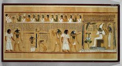 *Last Judgement of Hu-Nefer*
1290-1280 BC
Thebes, Egypt
New Kingdom
Painted papyrus scroll

Shows the final judgement of the deceased according to the *Book of the Dead*. Anubis leads Hu-Nefer to judgement. His heart is weighed against Maat. He is justified and brought to Horus.