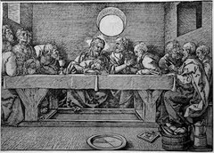 *Last Supper*
*Albrecht Dürer*
1523
Woodcut
16th Century Northern European 

11 disciples, Judas is gone. Sorrow after betrayal. Bread and wine in corner. Empty plate commemorates Jesus's sacrifice. Signs painting with date. Cross-hatching for darkness.