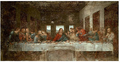 Last Supper

Da Vinci, Oil on Tempera, Santa Maria dell Grazie Milan, 1484-1498

Commisioned by the Sforza of Milan for the refectory/dining hall of a dominican abbey
Friars could eat in relation to the biblical meal presented
Linear perspective present with orthogonals from the ceiling and floor leading to a point behind Christ's head
Apostles grouped in 3, Jesus is alone but before a group of 3 windows representing the holy trinity
Combination of many types of paint to achieve a chiaroscuro effect, but this caused the paint to eventually peel off the wall so it has been restored many times
Moment where Jesus announces one of his apostles will betray him 
Reaches towards a piece of bread and glass of wine telling his apostles to take the each for they are his body and blood
Halos no longer present during the High Renaissance 
Very dramatic as each apostle responds differently to the situation presented