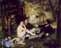 Le Dejeuner sur L'Herbe by Edouard Manet; 1863; Naturalism; Musee d'Orsay; French people were accustomed to seeing naked women in paintings as goddesses or exotic women. This naked woman is very casual like she could be your sister or something, controversy was created because of the subject (naked, casual woman), flatness (flash of light/ photography influence), unfinished and experimental look. Woman is not confrontational, but seems to be challenging the audience to react