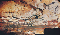Left wall of the Hall of the bulls in the cave at Lascaux, France