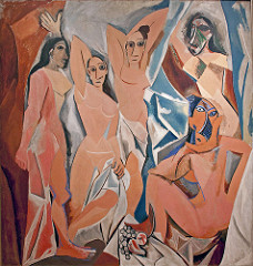 Les Demoiselles de Avignon

Pablo Picasso, 1907, Oil on Canvas

Cubism
First cubist work, influenced by later works of Cezanne
African masks on figures, tribal representation/influence
Represents 5 prostitutes in a bordello on Avignon street, each posing for a customer
Poses are not traditionally alluring but awkward, expressionless, and uninviting
3 on left more conservatively painted
two on right more radical, relfects a dichotomy in Picasso
Multiple views expressed at same time
no real depth
Influenced by Gauguin's privitism
Geometric/angular quailities
Multiple view points of a figure shown creating a piece of art that is intellectually challenging to understand