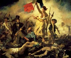 Liberty Leading the People, Eugene Delacroix, 1830.
Style: Romanticism
This painting displays a woman in a war like scene as she embodies liberty , or a symbol of liberty. The ideal of liberty is what people tend to fight for during war time.