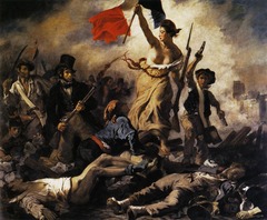 Liberty Leading the People

Delacroix, 1830, Oil on Canvas

July Revolution of 1830, Liberty with French tricolor marches over barricades to overthrow the governement soldiers
Red, white, blue echo throughout the painting
Strong pyramidical structure leading to the French flag
Child with pistols symbolizes the role of students in the revolt, middle class man recognizable by the top hat and carrying a rifle, lower class represented by man at extreme left with sword in hand and pistol at belt
Liberty wears a red Phrygian cap worn in the ancient world by freed slaves,
Notre Dame seen through the smoke on far right, french tricolor raised on its tower
Memorializes the overthrow of the French gov. in favor of the 