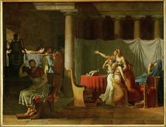 Lictors Bringing Back to Brutus the Bodies of His Two Sons, Jacques-Louis David, 1789
Style: Neoclassical
The painting depicts Brutus mourning the death of his sons who had tried to overthrow the government. Brutus decided to put his sons to death to be a fair ruler. Brutus is inside of a shadow to show that he is actually sad because f the death of his children and he is contemplating his decision. His wife is in the light to show that she cares about her children and if she had the choice she would have spared her children's lives.