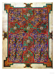 Lindisfarne Gospels: St. Matthew, cross-carpet page; St. Luke portrait page; St. Luke incipit page. Early medieval c. 700 ce. Illuminated manuscript