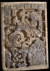 Lintel 25, structure 23, Yaxchilan, 725, limestone. 
- lintel originally set above the central doorway 
- building dedicated to lady xoc
- she holds a bowl with bloodletting ceremonial items: stinging spine and bloodstained paper
-vision serpent has two heads: one has a warrior emerging from its mouth; the other has tlaloc, a war god. 
- inscription written as a mirror image-- extremely unusual in Mayan script; uncertain meaning, perhaps indicating she has a vision from the other side of existence, and she is acting as an intercessor or shaman