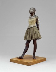 Little Dancer of Fourteen Years, Edgar Degas, 1881
Style: Impressionism
Located: The Metropolitan Museum of Art
Sculpture has a weird duality because looks like real little girl but it is too small, and then she does look real so it goes back and forth. Used real hair to give her human like appearance.