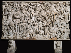 Ludovisi Battle Sarcophagus. Ancient Mediterranean. Late imperial roman. c. 250CE. marble.
Form: marble, movement, different levels, tumult
Function: to display a battle in which romans beat barbarians
Content: Supposedly son of Decius
Context: believed in soul