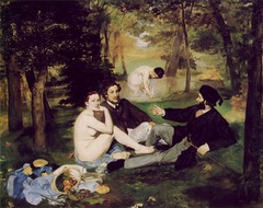 Luncheon on the grass
c. 1863
Artist: Manet
Period: Realism
Manet tried to enter the French salon with this painting, however it was allowed into the Salon des Refuses. Influenced by Giorgione's The Pastoral concert.
