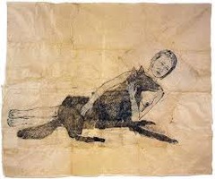 Lying with the Wolf 
Kiki Smith. New York. 2001 C.E. Ink and pencil on paper
Featuring an act of bonding between human and animal, reverence for the natural world. ther domestic piece of fabric. The depiction of a woman and dangerous animal so easily coexisting is a powerful visual message, one that reminds us of Biblical characters, figures from Greek myth, and even eastern deities.