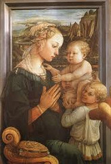 Madonna and Child with Two Angels

Fra Filippo Lippi, Tempera on Wood, 1465

Mary seen as young, human, beautiful woman/mother
Landscape done with atmospheric perspective inspired by Flemish painting
Rock formations indicate a church, city near the virgins head is Heavenly Jerusalem
Mary has a head dress of pearls commonly used as symbols in the depiction of the immaculate conception
Halos reduced to thin lines circling the virgin, and christs head
Angels very human like and playful
Shown as if looking through a window in a home
Humanization of a sacred theme