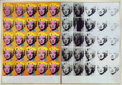 Marilyn Diptych
Andy Warhol, 1962, Oil, Acrylic, Silk screen enamel on Canvas
Pop art
Screen printing photographic images onto backgrounds of rectangular shapes
Repeated imagery drains the image of Monroe of meaning
50 images from a film still from a Movie, Niagara
Reproduction of many denies the concept of work of art
Left in color, represents life, right in black/white represents death,
Done 4 months after her death
Marilyns public face appears highlight by bold, artificial colors
Social characterisitics magnified, brilliance of blonde hiar, heavy applied lipstick, seductive expression



Marilyn Diptych, Warhol, 1962- made shortly after her death, capatilzed on media frenzy that death prompted over her, selected iconic public image, unsual colores and flat application contribute to mask like quality, like coke bottles the repetition shows how important she was in consumer culture, right side of work references the movie that she got her fame with its poor pigment registration