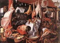 *Meat Still-Life*
*Pieter Aertsen*
1551
Oil on panel
16th Century Dutch

Momento mori. 2 crossed fish are a symbol of Jesus. Pretzels are eaten during lent. Mary on donkey holding Christ on left. Man on mussel shells which is a symbol of afrodisiac. Man with woman in tavern, probably a prostitute.