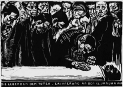 Memorial Sheet for Karl Liebknecht

Kathe Kollwitz,1919-1920, woodcut

Themes of war/poverty dominate her works
theme of women grieving over dead children, her son died in WWI then she became a socialist
Karl Liebnecht among the founder of the Berlin Spartacus League that became the German Communist Party
Liebnecht shot to death in 1919 Communist uprising, Sparatacus Revolt
Human grief dominates
Stark black and white woodcut used to magnify the grief
Same design as a lamentation, many heads at top showing how many people mourned over him, middle