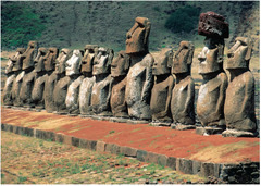 Moai on platform (ahu). Rapa Nui (Easter Island). c. 1100-1600 C.E. Volcanic tuff figures on basalt base.