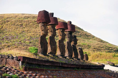 Moai on Platform (ahu), Rapa Nui, Easter Island); c. 1100-1600 CE, volcanic tuff figures on basalt base