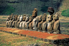 Moai on platform. Easter Island. 1100-1600 ce. volcanic tuff figures on basalt base