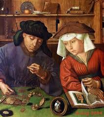 *Money-Changer and His Wife*
*Quinten Massys*
1514
Oil on Panel
16th Century Dutch

Similar to Petrus Christus's The Goldsmith in His Shop. Balancing scales is a reference to St. Michael the Archangel. Wife paging through prayer book. Two old men gossiping suggests the idleness of gossip. Convex mirror shows man looking in prayer book near church.