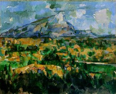Mont Sainte-Victorie

Paul Cezanne,1902-1904, Oil on Canvas

Post Impressionism
One of a series of 11 paintings done with this view
Contempt for flat painting, effort to make round firm objects from geometric constructions of undiluted color 
Intellectually order his picture plain with lines,planes, and colors found in nature
Used different tones/hues of color to create depth
Cool colors recede, warm colors advance
Landscape rarely includes humans
Interest in geometric forms and line, not the dappled effect of light sought after by Impressionists
Not a moment like impressionists, a solid, firmly constructed mountain/foreground
Invited to look at space but not enter