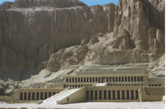 Mortuary temple of Hatshepsut. Near Luxor, Egypt. New Kingdom, 18th Dynasty. c. 1473-1458 B.C.E. Sandstone, partially carved into a rock cliff, and red granite.