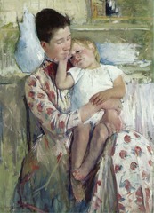 Mother and Child
c. 1908
Artist: Cassatt
Period: Impressionism
Mother-and-child theme a specialty of Cassatt, no posing or acting, figures possess a natural charm. Decorative charm influenced by Japanese art.