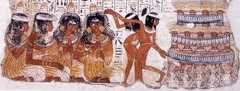 *Musician and Dancers*
1400-1350 BC
(from the tomb of Nebamun) Thebes, Egypt
New Kingdom 
Fresco on Dry Plaster

Nebamun was a nobleman. Almost nude girls perform at a banquet. Their profile view shows their lesser importance. Two women sit frontally, which is very rare.