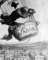 Nadar Raising Photography to the Height of Art, 

Daumier,1862, Lithograph

Nadar famous for taking aerial photos of Paris 
Presents Nadar as a quacky photographer lost in the excitement to get a daring shot as he almost falls out of his balloon, in the process he loses his hat
Every building has word photographie on it
Mocks the claims that photography can be considered high art, irony implied in the title
Done after court decision of 1862 that determined photographs could be considered a piece of art
Satiric of photography