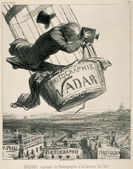 Nadar Raising Photography to the Height of Art
Honoré Daumier
 1862 C.E. Lithograph
 Nadar, one of the most prominent photographers in Paris at the time, was known for capturing the first aerial photographs from the basket of a hot air balloon.