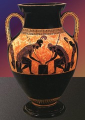 Name: Achilles and Ajax Playing Dice

Date: 530 BCE

Medium: Black figure amphora

Location: Greece

Artist: Exekias

Form: Krater, linear - one story/one register

Function: To hold water or wine

Content: Shape of men mimics amphora, subdued emotions, legs in reflective pose, 

Context: Achilles and Ajax are very concentrated, and in Greek culture, concentration is valued, Achilles rolls 4, Ajax rolls 3 and Achilles wins. This is ironic because Achilles ends up losing the war by dying.