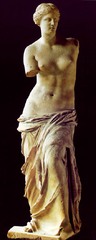 Name: Aphrodite (Venus de Milo)

Date: 150 BCE (Hellenistic)

Medium: Marble

Location: Greece

Artist: Alexandros of Antioch on the Meander

Form: Contrapposto

Function: 

Content: Elegant pose, S curve, hands are holding apple and robe

Context: