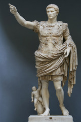 Name: Augustus of Primaporta

Date: 20 BCE (Empire)

Medium: Marble

Location: Roman Empire

Artist: Unknown

Form: Idealistic, Polykleitos canon, Contrapposto, orator pose, back is uncarved

Function: To showcase Augustus' power and divinity for propaganda 

Content: Augustus standing in orator pose barefoot (because he's walking on holy ground) with Cupid riding a dolphin next to him.

Context: Emperors were believed to be divine, which is why Augustus portrayed himself as god like.