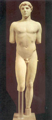 Name: Kritios Boy

Date: 480 BCE

Medium: Marble

Location: Greece

Artist: Unknown

Form: Contrapposto (relaxed stance, shoulders back, hip out)

Function: To display a more realistic portrayal of a human body

Content: Shift in weight - more weight placed on hips

Context:
