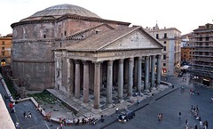 Name: Pantheon

Date: 120 CE (Empire)

Medium: Concrete

Location: Italy

Artist: Unknown

Form: Hemispherical dome with 20 ft diameter oculus, 20 ft thick walls in order to support the roof, convex floor for rainwater drainage, coffered ceiling - sunken decorative panels

Function: Temple for Roman gods, then later church for Christians

Content: 7 niches for statues of gods

Context: Marcus Agrippa funded it