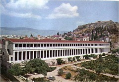 Name: Stoa of Attalos II

Date: 150 BCE (Hellenistic)

Medium: IDK

Location: The Agora in Athens, Greece

Artist: Unknown

Form: Tholos - round temple; stoas, covered colonnades, porticos, doric ground level, ionic second floor

Function: Commercial, religious, civic and social buildings, part of the marketplace of the Acropolis - the Agora

Content: 2 stories, 21 shops

Context: For common people
