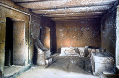 Name: Tomb of the Seats and Shields

Date: 500 BCE (Etruscan)

Medium: Limestone bedrock

Location: Cerveteri, Italy

Artist: Etruscans

Form: 

Function: Tombs for the dead

Content: 6 beds, 2 high backed chairs with foot stools, door frames, ceiling beams, windows and other furniture, 14 shields on the wall

Context: