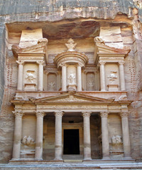 Name: Treasury and Great Temple

Date: 100 CE (Empire)

Medium: Cut rock

Location: Petra, Jordan

Artist: Nabataeans - nomadic group

Form: Broken pediment, Tholos - treasury, Corinthian columns; Greek, Egyptian, and Assyrian gods on façade.

Function: Tombs

Content: 500 royal tombs

Context: Burial practices are still unknown because no human remains have been found