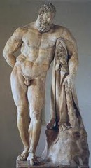 Name: Weary Herakles

Date: 320 BCE (Classical)

Medium: Marble

Location: Greece

Artist: Lysippos

Form: Complete sculpture 360 degrees (freestanding figure)

Function: Placed in the Baths of Caracalla in Rome for body inspiration(?)

Content: Muscular Herakles, tired, holding an apple behind his back

Context: IDK