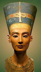 *Nefertiti*
*Thutmose*
1353-1335 BC
Tell el-Amarna, Egypt
New Kingdom (Amarna)
Painted Limestone

Limestone bust of Akhenaton's queen. Left eye socket is missing the inlaid eyeball. Exaggerates the weight of the head.