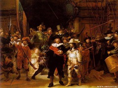 Night Watch
c. 1642
Artist: Rembrandt
Period: Baroque 
Shows militia out on patrol,