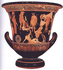 Niobides Krater
Anonymous vase painter of Classical Greece known as the Niobid Painter. c. 460-450 B.C.E. Clay, red-figure technique

1. The Niobid Painter, probably inspired by the large frescoes produced in Athens and Delphi, decorated this exceptional krater with two scenes in which the many figures rise in tiers on lines of ground that evoke an undulating landscape. 
2. The main side of the vase shows eleven figures placed at different levels. Only two of them are recognizable: Heracles, in the center, holding his club and bow, with his lion skin over his left arm, and Athena on the left. Around them several warriors are represented in varying poses.
3. Heracles - crowned with laurels, wrinkled and standing on a stepped base almost invisible to the naked eye
4. The B side of the vase illustrates a legend that is rarely represented, and gave the painter his name. Here we see the massacre of the children of Niobe by Apollo and Artemis. 
5. The stylistic characteristics of this krater owe much to contemporary sculpture and wall paintings.