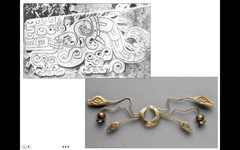 Nose Ornament. Hammered gold alloy
- worn by men and women
- held in place by the semi-circle
- two snake heads
-makes the wearer into a supernatural being during ceremonies