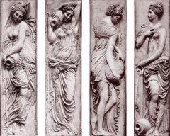 *Nymphs*
*Jean Goujon*
Paris, France
1548-1549
Marble reliefs
16th Century French

Torn off of the Fountain of the Innocents. Near vases of water. Figura serpintinata - Mannerist poses. Reminiscent of Nike adjusting sandals. Greek wet shirt contest.