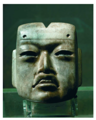 Olmec Style Mask

Jadeite

Found on site,actually much older work executed by Olmecs
Olmec works have characteristic frown on face, pugnacious visage, heavy lidded eyes, headgear suggested
Shows Aztecs collected/embraced art of other culture