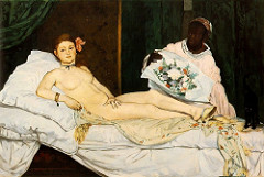 Olympia, by Edouard Manet 1863, Musee d'Orsay, Realism, 1.) Photography = flash of light affect gives Olympia a glow and no detailed shadow. 2.) Color = gives a glowing affect and a direct look to the body of Olympia til viewers eyes focus on the painting we notice her co-worker in the background as well as the green curtains. 3.) Leading Line = the leading line starting at the top of the painting not only leading us to Olympia herself, but it also splits the two colors brown and green.